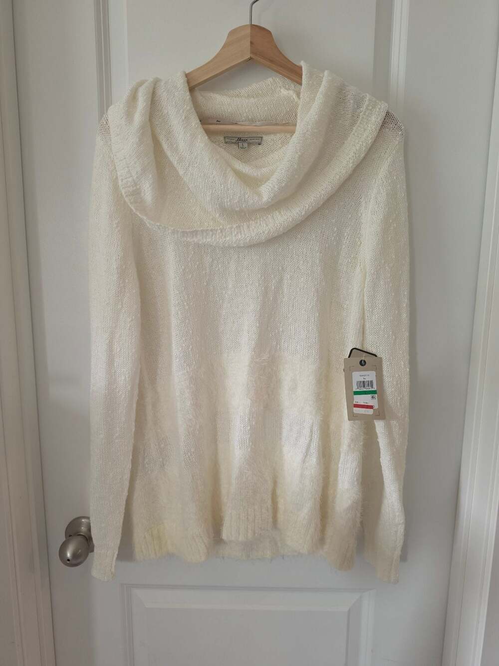 H Bass & Co Womens Large Ivory Fuzzy Cowl Neck Sweater Long Sleeve NWT